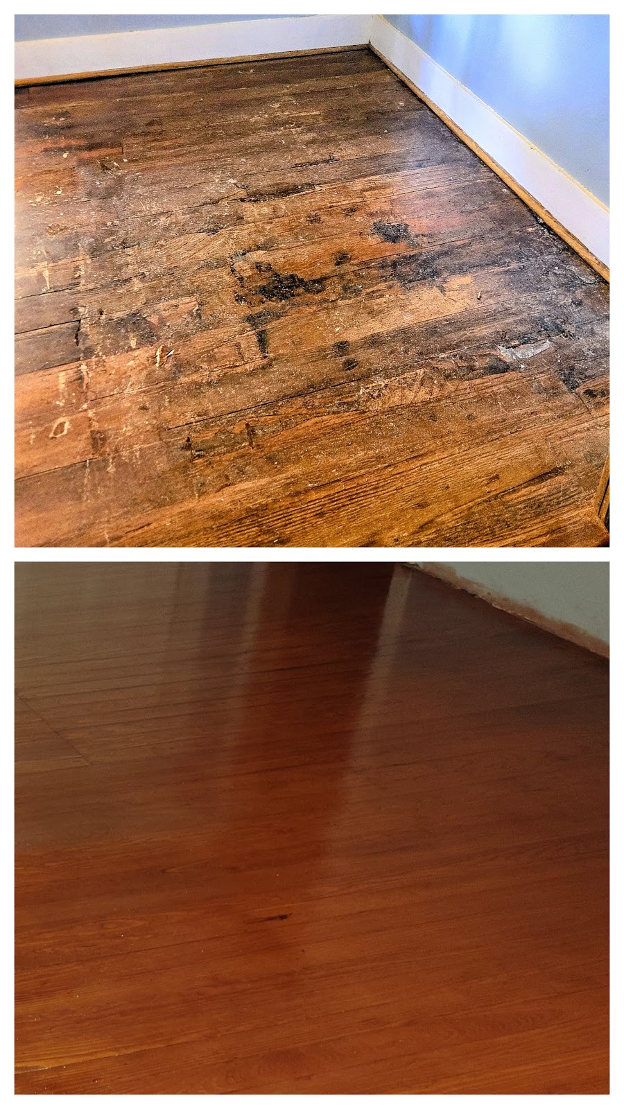 Hardwood floor before (top) and after (bottom) refinishing